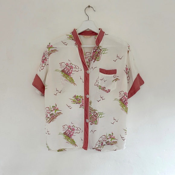 vintage 50s pirate ship seas print top blouse S M - Picture 1 of 7